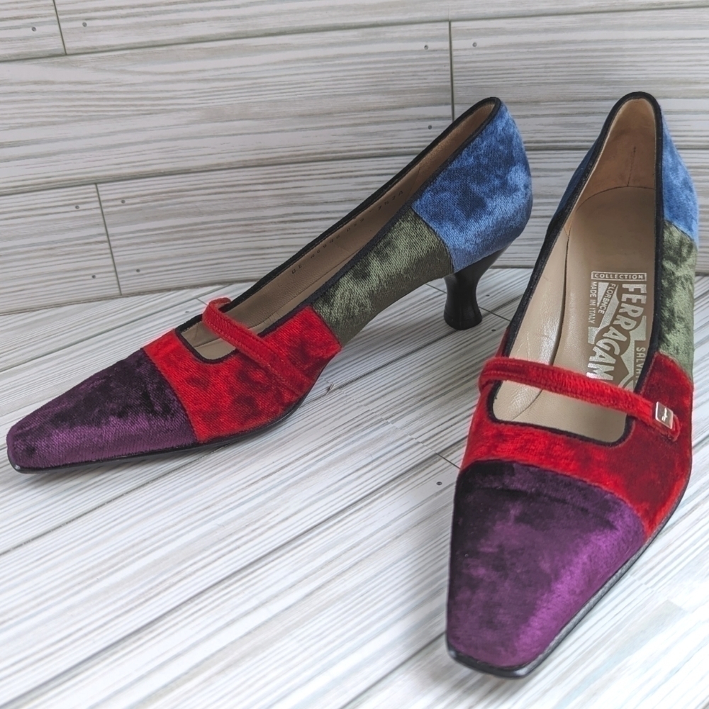 Salvatore Ferragamo Mary Jane Kitten Heels in Velvet Colorblock Size 7.5 - Picture 4 of 16